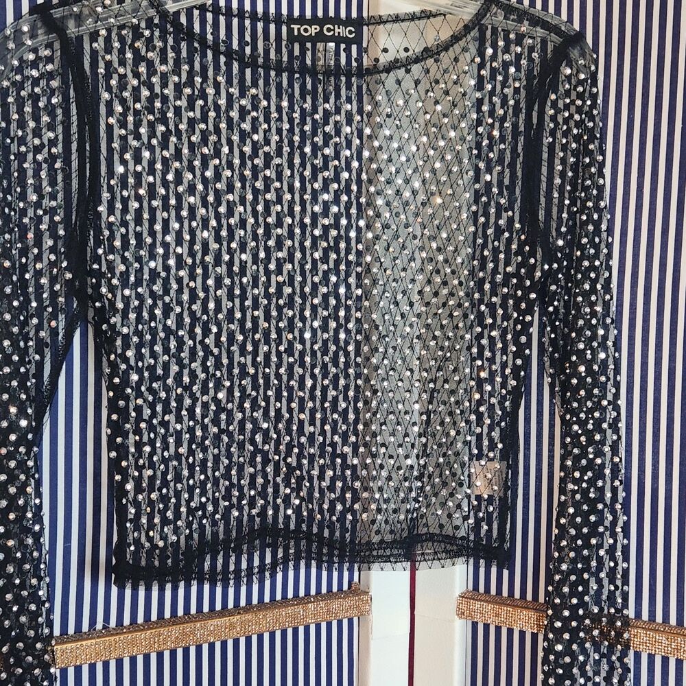 Top Chic Black Sheer Mesh Rhinestone Long Sleeve Crop Top -Size M